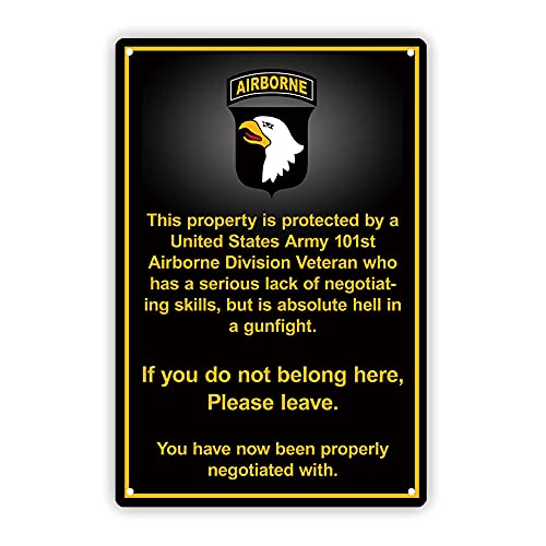 Property Protected by US Marine/Army/Navy/Airforce/Veteran, Funny No Trespassing Tin Sign, 8×12 in (101st AD Veteran)