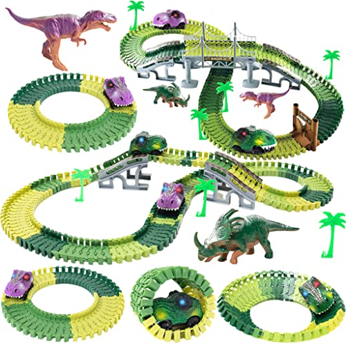 TOYLI Dinosaur Race Track Set 182 Pieces, Dino Track Flexible Dinosaur Road Race Playset with Bridge, Ramps, Car Toys for Boys Age 6-10, Tracks, Dinosaur Track Toy Set is a Great 3 Year Old boy Gift.