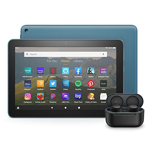 Fire HD 8 tablet Echo Buds bundle including Fire HD 8 tablet (Blue, 64 GB), Lockscreen Ad-Supported, 8″ HD display, and All-new Echo Buds