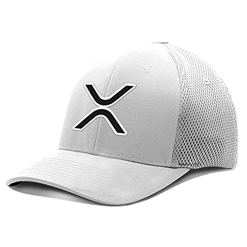 BustedTees XRP Logo Flexfit Hat for Casual Wear – Baseball Cap for Men Women Breathable Flex Fit with Airmesh Fitted Cap (White, Large, l)