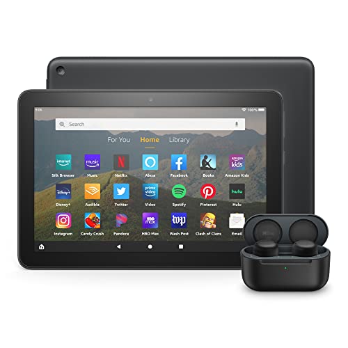 Fire HD 8 tablet Echo Buds bundle including Fire HD 8 tablet (Black, 64 GB), Lockscreen Ad-Supported, 8″ HD display, and All-new Echo Buds