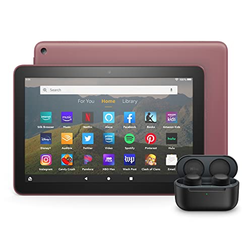 Fire HD 8 tablet Echo Buds bundle including Fire HD 8 tablet (Plum, 32 GB), Lockscreen Ad-Supported, 8″ HD display, and All-new Echo Buds