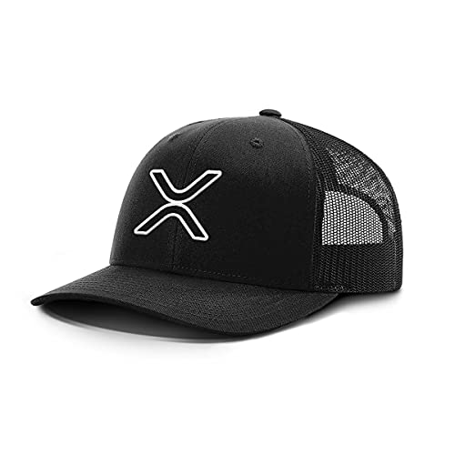 BustedTees XRP Logo Back Mesh Hat for Casual Wear – Baseball Cap for Men Breathable Mesh Back Adjustable Snapback Strap (Black Front/Black Mesh)