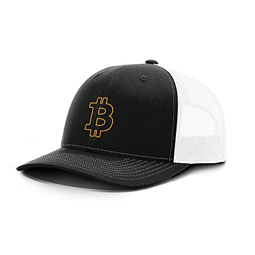 BustedTees Bitcoin Outline Back Mesh Hat Casual Wear – Baseball Cap for Men Breathable Mesh Back Adjustable Snapback Strap (Black Front/White Mesh)