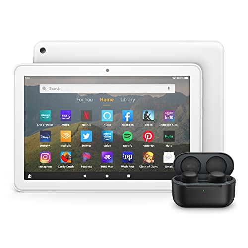 Fire HD 8 tablet Echo Buds bundle including Fire HD 8 tablet (White, 64 GB), Lockscreen Ad-Supported, 8″ HD display, and All-new Echo Buds