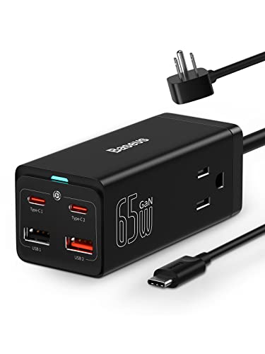 USB C Charger Baseus PowerCombo 65W USB C Charging Station with 2 Outlets Extender, Fast Charging, USB C Wall Charger Compatible with MacBook Laptops iPhone Samsung iPad (100W Type C Cable Included)
