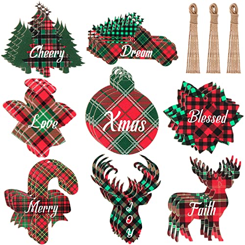 24 Pieces Christmas Buffalo Plaid Ornaments Christmas Wishes Tree Hanging Decoration Xmas Green and Red Plaid Wooden Tag Ornament with Rope for Home Party Holiday Decoration