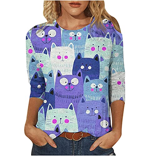 3/4 Sleeve Tops for Womens Cute Cat T Shirts Crew Neck Blouse Fashion Casual Pullover Spring Tees Purple