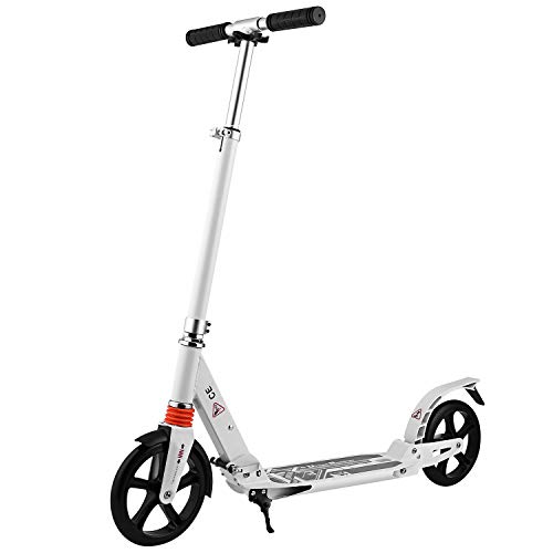 Hosmat Adult/Kids Kick Scooter, Folding Scooter with Front/Rear Brake, 200MM PU Wheels and Height Adjustment – 220lb Capacity (White)