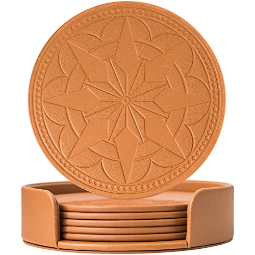 Padike Coasters , Coasters for Coffee Table , Coaster of 6 with Holder – Coffee Drink Coasters for Home/Office/Kitchen/Bar . (Apricot)
