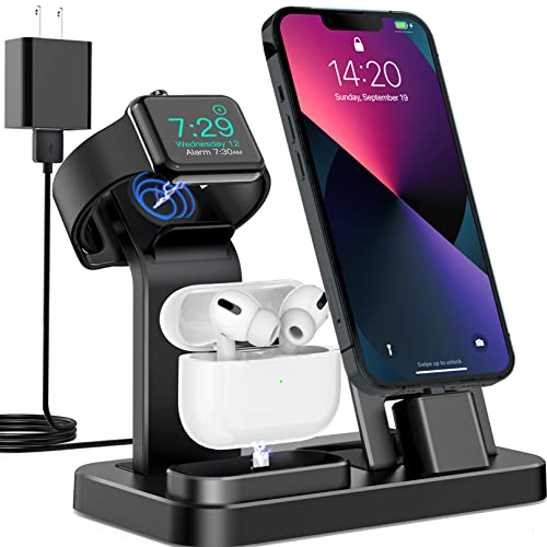 3 in 1 Charging Station for Apple Products, Removable Charging Stand for iPhone Series AirPods Pro/3/2/1, Charging Dock for Apple Watch SE/Ultra/8/7/6/5/4/3/2/1(with 15W Adapter and Cable)(Black)