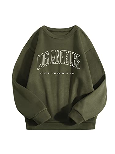 SOLY HUX Women’s Graphic Oversized Crewneck Fashion Cute Los Angeles California Teen Baggy Vintage Sweatshirts Army Green L