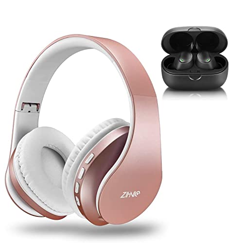 2 Items, 1 Rose Gold Zihnic Foldable Wireless Headset Bundle with 1 Black zihnic S01 Wireless Earbuds
