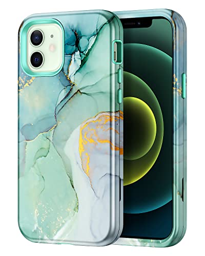 Lamcase for iPhone 12 and iPhone 12 Pro Case 6.1 Inch, Heavy Duty Hard PC Soft Rubber [Stylish Glossy Marble] Full Body Three Layer Shockproof Drop Protection Cover, Green Marble