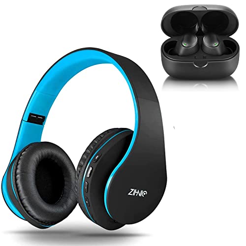 2 Items, 1 Black Blue Zihnic Foldable Wireless Headset Bundle with 1 Black zihnic S01 Wireless Earbuds
