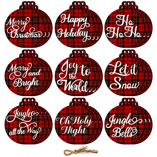 27 Pieces Christmas Ornament for Tree Christmas Plaid Ornaments Wooden Farmhouse Ornament Rustic Christmas Decoration Holiday Wishes Tags for Christmas Tree Home Decor (Tartan Pattern)