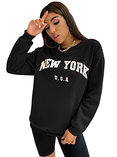 SheIn Women’s Casual Long Sleeve Round Neck Slogan Graphic Letter Print Pullover Sweatshirt Black L