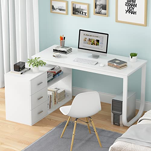 Homsee Home Office Computer Desk Corner Desk with 3 Drawers and 2 Shelves, 55 Inch Large L-Shaped Study Writing Table with Storage Cabinet – White