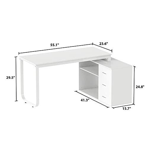 Homsee Home Office Computer Desk Corner Desk with 3 Drawers and 2 Shelves, 55 Inch Large L-Shaped Study Writing Table with Storage Cabinet – White | The Storepaperoomates Retail Market - Fast Affordable Shopping