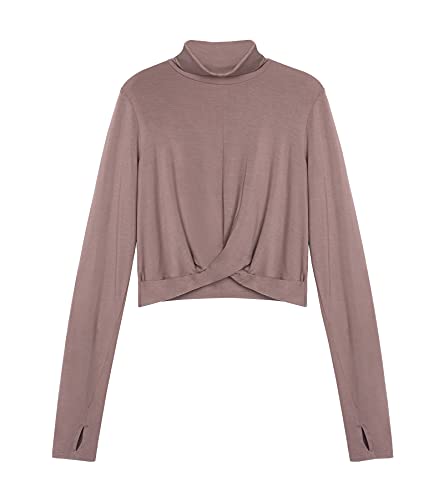 CUPSHE Women’s Pullover Long Sleeve Sweatshirts Twist Crop Top Solid T Shirt, M Brown