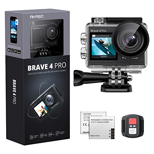 AKASO Brave 4 Pro 4K30FPS Action Camera – 131ft Underwater Camcorder Waterproof Camera with Touch Screen Advanced EIS Remote Control 5X Zoom Underwater Camera Support External Mic