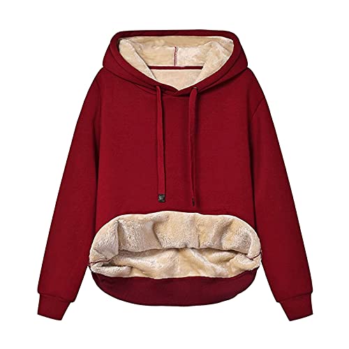 KUDICO Hoodies for Women Winter Warm Fleece Sweatshirt Fluff Sherpa Lined Pullover Hooded Casual Loose Tunic Tops A#wine Hot Sale!
