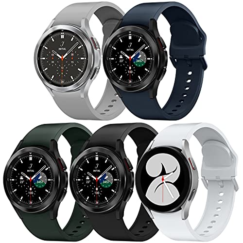 GrTrees 5 Packs Bands Compatible with Samsung Galaxy Watch 5 45mm 44mm 40mm/Galaxy Watch 4 40mm 44mm/ Galaxy Watch 4 Classic 46mm 42mm, 20mm Adjustable Silicone Replacement Straps for Women Man Black/Grey/White/D Green/D Blue