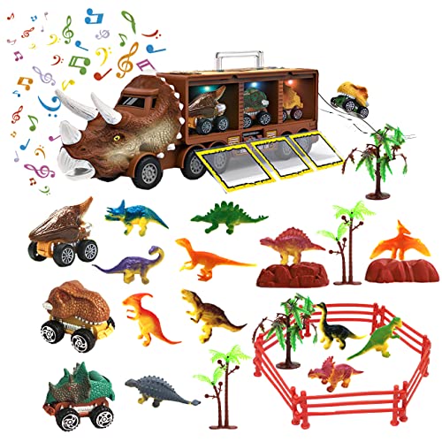 Dinosaur Toy Truck for Kids Dinosaur Toy Transport car Set 1 Large Dino Carrier Truck 3 Small Pull Back Cars and 12 Dinosaur Toy Set for Toys and Birthday Gifts for Boys girlss (Brown)