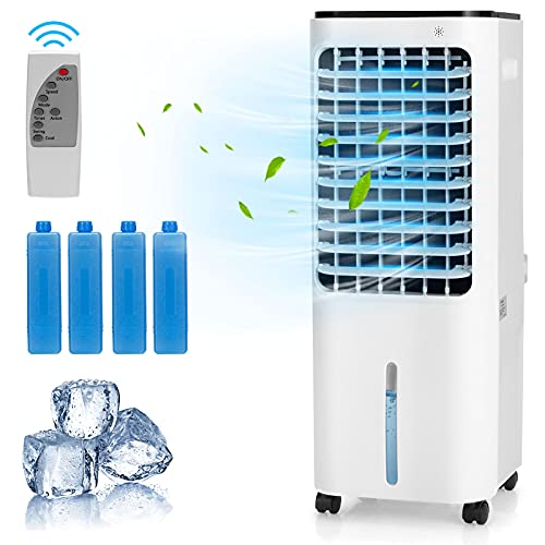COSTWAY Evaporative Cooler, 4-In-1 Bladeless Cooler with 4 Modes, 3 Speeds, Timer, 12L Water Tank, LED Display, Portable Air Cooler with Remote Control 4 Ice Packs for Indoor Use, Bedroom, White
