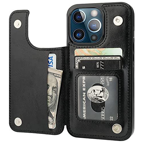 ONETOP Compatible with iPhone 13 Pro Wallet Case with Card Holder, PU Leather Kickstand Card Slots Case, Double Magnetic Clasp Durable Shockproof Cover 6.1 Inch(Black)