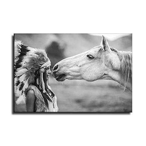 LIXI Beautiful Headdress Tribal Native American Indian Girl and Horse Poster Decorative Painting Canvas Wall Art Living Room Posters Bedroom Home Decor Prints 24x36inch(60x90cm)