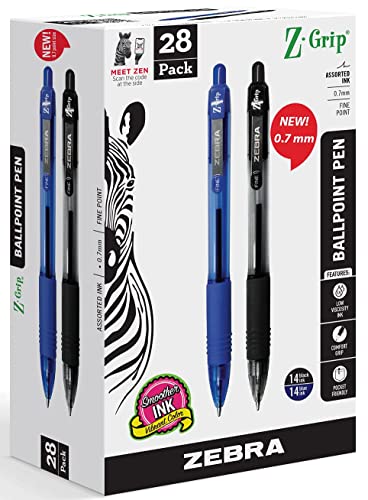 ‎Zebra Pen Zebra Pens Z Grip – 28 Pack Ink Pens, Retractable Ballpoint Z-grip Fine Point 0.7 mm 14 Black & Blue Writing for School College Office Home Use., 28 Count (Pack of 1)