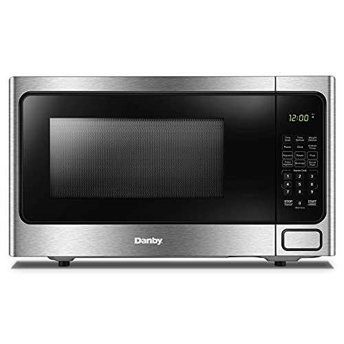 Danby DDMW1125BBS 1,000 Watts 1.1 Cu.Ft. Countertop Microwave with Push-Button Door|10 Power Levels, 6 Cooking Programs|Auto Defrost and Child Lock in Stainless Finish (Renewed)