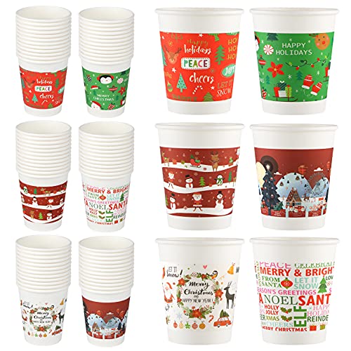 Aneco 72 Pieces Christmas Paper Cups 9 Ounce Drinking Tea Paper Cups for Christmas Party, Daily Use, Assorted Styles
