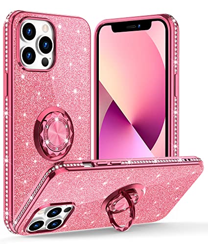 OCYCLONE for iPhone 13 Pro Case, Luxury Glitter Sparkle Diamond Cover with Ring Stand, Bling Protective Cute Phone Case Compatible with 6.1 inch iPhone 13 Pro Case for Women Girls – Pink
