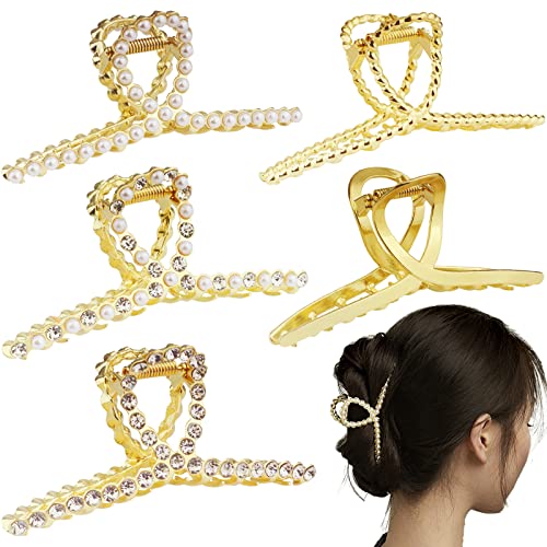 5 Pack Large Hair Clips for Women Pearl Hair Clips Metal Hair Clips Gold Rhinestone Claw Clip for Thick Hair Long Hair Jaw Clips Hair Accessories for Women & Girls