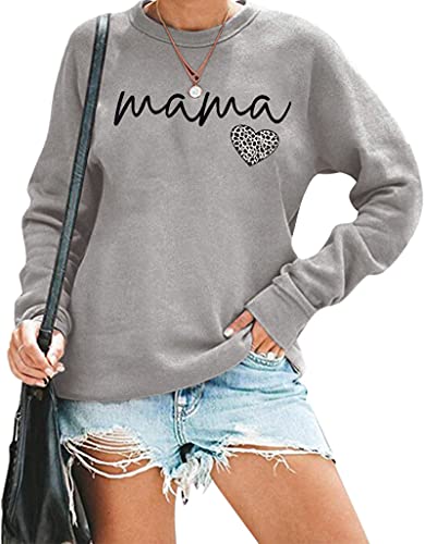 MNLYBABY Mama Sweatshirt Women Crewneck Leopard Heart Graphic Pullover Top Causal Long Sleeve Blouse Clothes