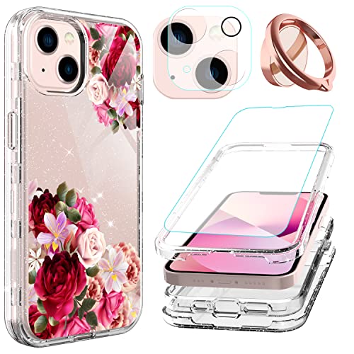 ACKETBOX for iPhone 13 Case with Screen Protector and Camera Lens Protector, Flower Pattern Design for Women and Girls, Full Body Protective Phone Cover for iPhone 13 6.1 inch 2021 (Flowers)