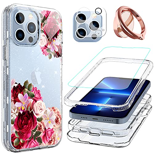 ACKETBOX for iPhone 13 Pro Max Case with Glass Screen Protector + Camera Lens Protector，PC Back Case + Front Cover and TPU Full Body Protective Cover for iPhone 13 Pro Max 6.7 inch 2021 (Flowers)