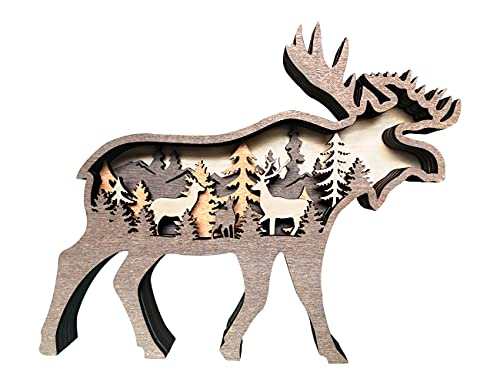 Yagoo Elk Art Decoration,Home Decor Crafted Figurines,3D Forest Mountain Tree Deer Silhouette Gift,Living Room Bedroom Office Decoration, Bookshelf Decoration,Animal Woodwork, (Elk)