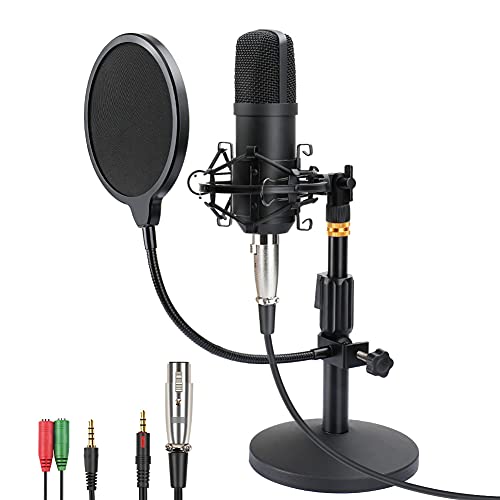 ZHENREN Professional Studio Condenser Microphone, Computer PC Microphone Kit with 3.5mm XLR/Pop Filter/Shock Mount for Professional Studio Recording Podcasting Broadcasting