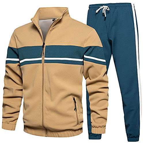 DUOFIER Men’s Casual Tracksuits Long Sleeve Jogging Suits Sweatsuit Sets, Khaki-M