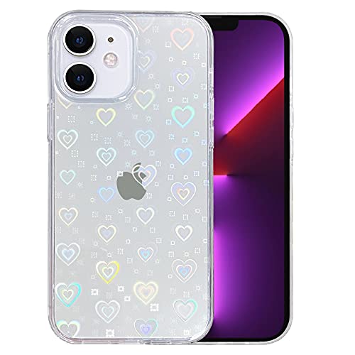 SmoBea Compatible with iPhone 12 Case, iPhone 12 Pro Case, Clear Laser Glitter Bling Heart Soft & Flexible TPU and Hard PC Shockproof Cover Women Girls Heart Pattern Case (Rainbow Heart/Clear)