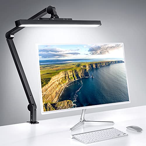 MediAcous LED Desk Lamp, Metal Polarized Architect Clip Light with Gesture Sensing Switch, Eye-Caring Dimmable Swing Arm Desk Lamp with Clamp for Home Office, 4 Color Modes & Brightness Levels