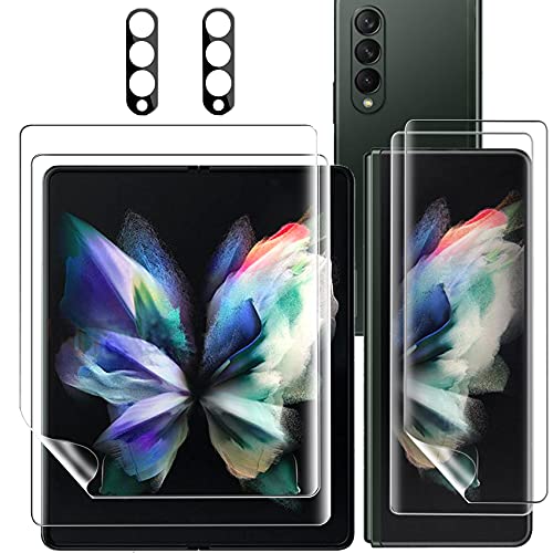 Milomdoi Designed for Samsung Galaxy Z Fold 3 5G Flexible TPU Screen Protector, [2 pack front and 2 pack inside] with 2 Pack Tempered Glass Camera Lens Protector, No Bubbles,Support Fingerprint Unlock