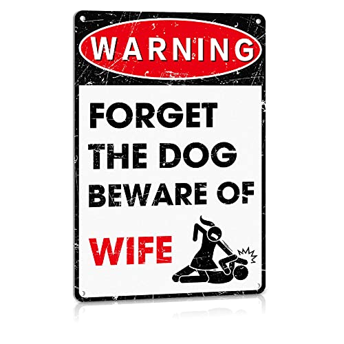 ALREAR Man Cave Decor Funny Metal Signs Bar Pub Office Garage Wall Decorations – Forget The Dog Beware of Wife Aluminum 12″ x 8″