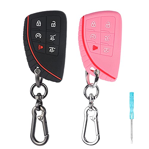 OFenny 2Pcs 6 Buttons Silicone Smart Remote Key Fob Cover Compatible with 2022 2021 2020 Chevy Suburban Tahoe GM-13541565/13537962 GMC Yukon (Pink)
