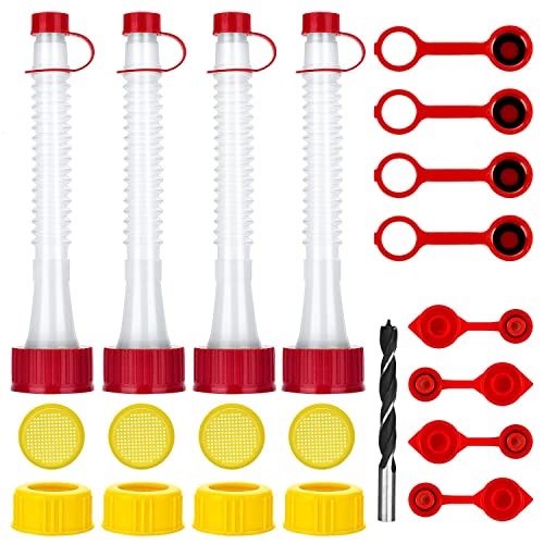 kitchespiderm Gas Can Spout Replacement, Flexible Pour Nozzles Kit (4 Pack) with 8 Screw Collar Caps and 4 Gasket Stopper, Universal Vent Caps Kit Compatible for Old Style Water Gas Container, Red