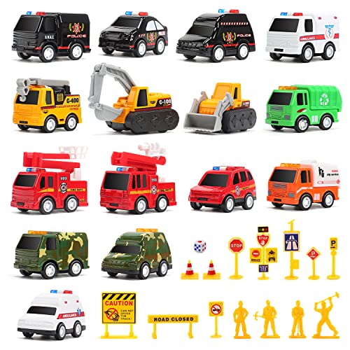 Car Toys with Play Mat, Toy Cars for Boys,Car Toys for Toddlers,Pull Back Cars Include Construction Vehicles, Fire Vehicles, etc.10 Road Signs 4 Dolls,Vehicle Toy Set for Kids.