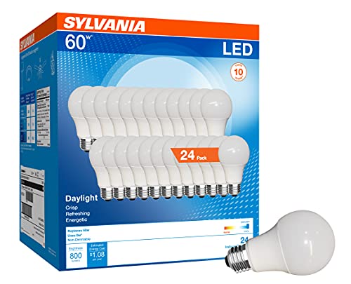 SYLVANIA LED A19 Light Bulb, 60W Equivalent, Efficient 9W, CEC Compliant, 10 Year, Non-Dimmable, 5000K, 800 Lumens, 90 CRI, Daylight – 24 Pack (41373)